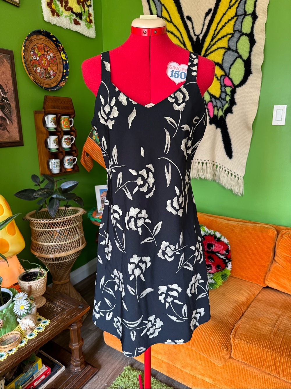 Smart Set Black Slip Dress with Ivory Floral Print